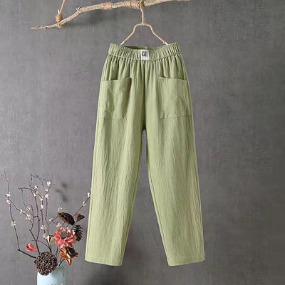 Pantalón informal de algodón y lino con cintura elástica