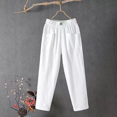 Pantalón informal de algodón y lino con cintura elástica